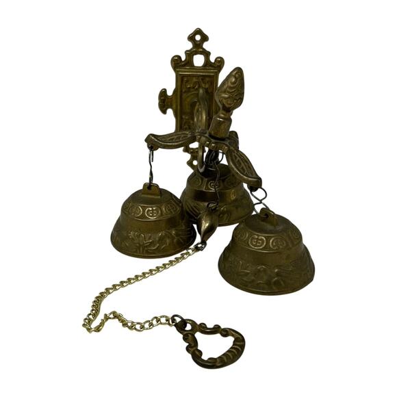 Brass Wall-Mounted Triple Bell Set Ornate Design Chain Pull Vintage Monastery - Picture 1 of 16